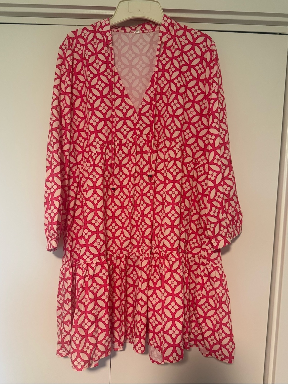 SHEIN Pink and Cream Geometric V-Neck Tiered Long Sleeve Dress